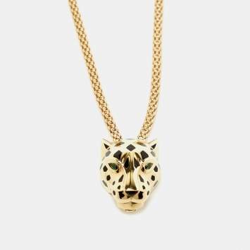 Pre Owned Cartier Panthere de Cartier Lacquer Tsavorite Garnet Onyx Diamonds 18k Yellow Gold Necklace