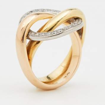 Pre Owned Cartier Trinity Crash Diamond 18k Three Tone Gold Ring Size 51
