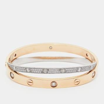 Pre Owned Cartier Love Paved Diamond 18k Two Tone Gold Bangle Bracelet 16