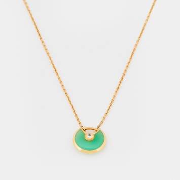 Pre Owned Cartier Amulette De Cartier Chrysoprase Diamond 18k Yellow Gold Necklace