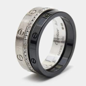 Pre Owned Cartier Love Diamonds Ceramic 18k White Gold Ring Size 54