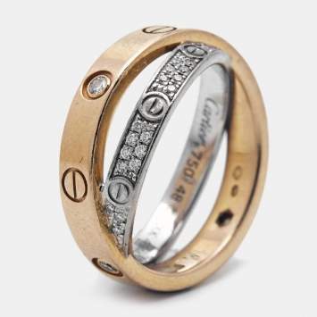 Pre Owned Cartier Love Pave Diamond Two Tone 18K Gold Double Band Ring Size 48