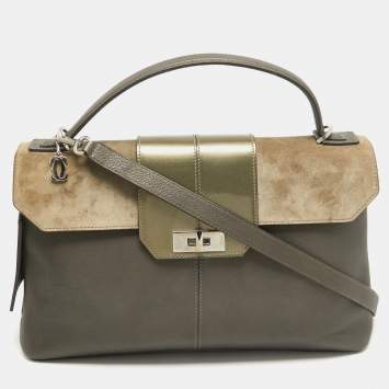Pre Owned Cartier Grey/Khaki Patent, Leather and Suede Feminine Line Top Handle Bag 