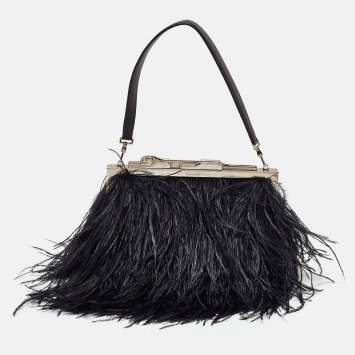 Pre Owned Cartier Black Ostrich Feather and Leather Clutch
