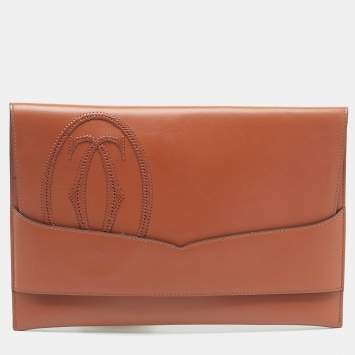 Pre Owned Cartier Brown Leather Logo Flap Clutch