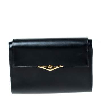 Pre Owned Cartier Black Leather Sapphire Line Flap Clutch 