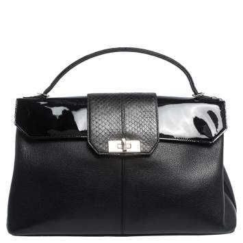 Pre Owned Cartier Black Leather and Python Classic Feminine Line Top Handle Bag
