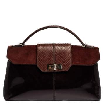 Pre Owned Cartier Burgundy Patent Leather/Suede and Python Feminine Line Top Handle Bag