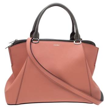 Pre Owned Cartier Coral/Olive Green Leather C De Cartier Small Tote