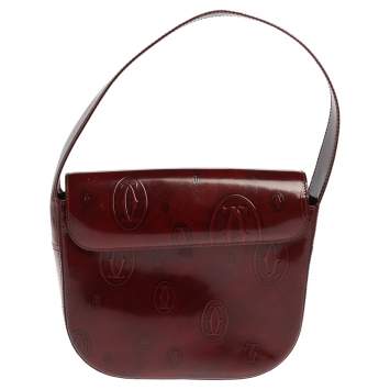 Pre Owned Cartier Burgundy Logo Embossed Patent Leather Flap Hobo