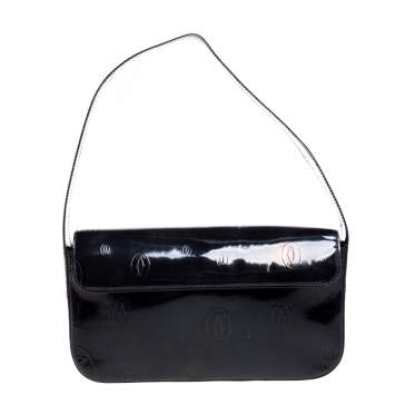 Pre Owned Cartier Black Embossed Patent Leather Flap Baguette Shoulder Bag