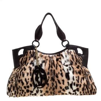 Pre Owned Cartier Beige/Dark Brown Leopard Print Calfhair/Lizard and Leather Marcello De Cartier Bag