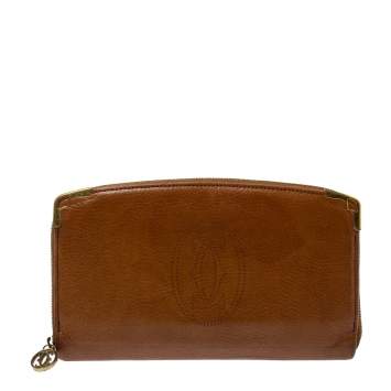Pre Owned Cartier Brown Leather Marcello Zip Around Wallet