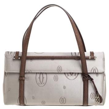 Pre Owned Cartier Grey/Brown Satin and Leather Karung Trimmed Happy Birthday Cabochon Flap Bag