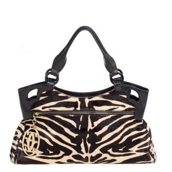 Pre Owned Cartier Beige/Black Zebra Print Pony Hair Leather Marcello de Cartier Satchel