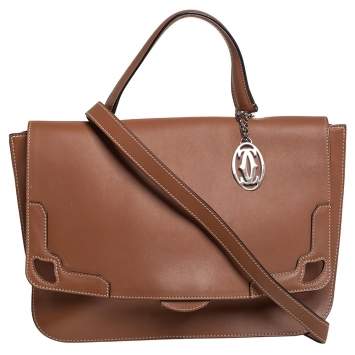 Pre Owned Cartier Brown Leather Marcello Flap Top Handle Bag