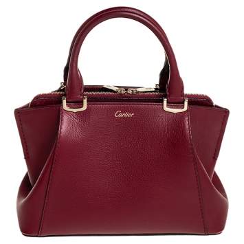 Pre Owned Cartier Dark Red Leather Mini C de Cartier Tote