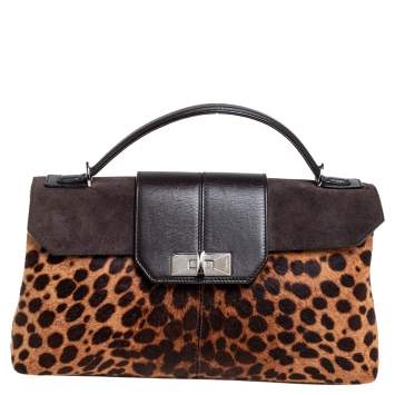 Pre Owned Cartier Brown Animal Print Calf Hair, Suede and Leather Feminine Line Top Handle Bag