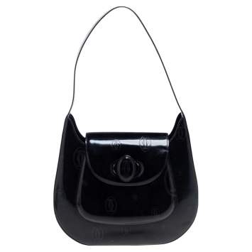 Pre Owned Cartier Black Glossy Logo Embossed Leather Flap Hobo