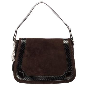 Pre Owned Cartier Dark Brown Suede and Python Marcello de Cartier Saddle Bag