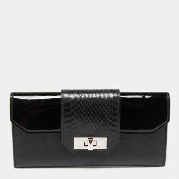 Pre Owned Cartier Black Leather and Python Trim Tunlock Flap Continental Wallet