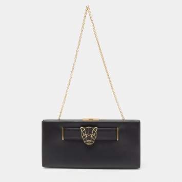 Pre Owned Cartier Black Leather Panthere De Cartier Chain Clutch