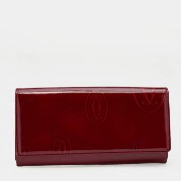 Pre Owned Cartier Dark Red Patent Leather Happy Birthday Continental Wallet