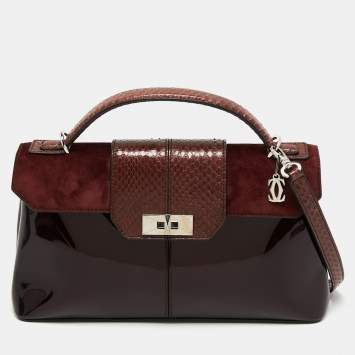 Pre Owned Cartier Burgundy Python, Suede and Patent Leather Feminine Line Top Handle Bag
