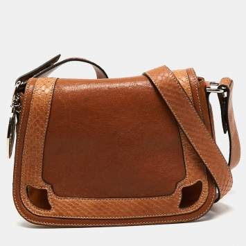 Pre Owned Cartier Brown Leather and Snakeskin Flap Shoulder Bag