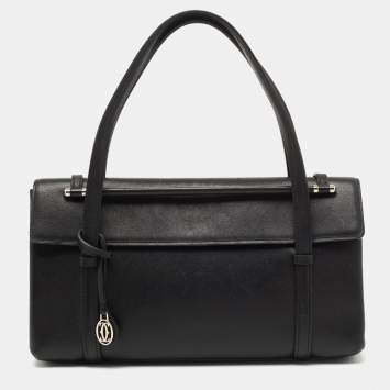 Pre Owned Cartier Black Leather Cabochon Flap Shoulder Bag