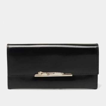 Pre Owned Cartier Black Glossy Leather Metal Flap Continental Wallet