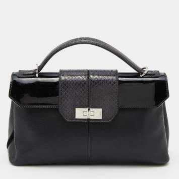 Pre Owned Cartier Black Leather and Python Classic Feminine Line Top Handle Bag