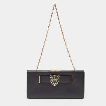 Pre Owned Cartier Black Leather Panthere De Cartier Chain Clutch