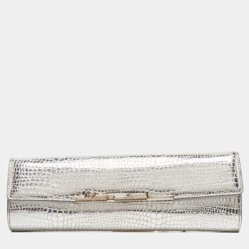 Pre Owned Cartier Silver Croc Embossed Leather Metal Flap Clutch