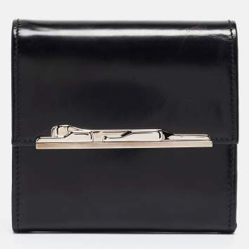 Pre Owned Cartier Black Glossy Leather Panthere Art Deco Trifold Wallet
