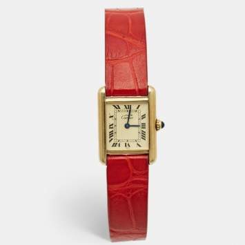 Pre Owned Cartier Vintage Cream Gold Plated Silver Leather Must de Cartier Tank Women's Wristwatch 20 mm