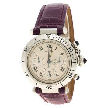 Pre Owned Cartier White Stainless Steel Pasha De Cartier 1050 Women's Wristwatch with Alligator Strap 38 mm