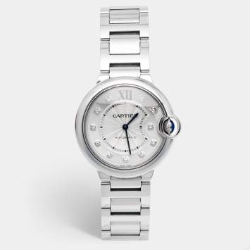 Pre Owned Cartier Silver Diamond Stainless Steel Ballon Bleu WE902075 Women's Wristwatch 36 mm