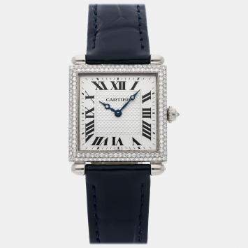 Pre Owned Cartier Silver 18k White Gold Tank Obus WB800451 Quartz Women's Wristwatch 24 mm