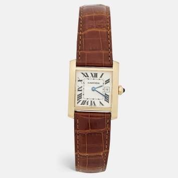 Pre Owned Cartier Cream 18K Yellow Gold Alligator Leather Tank Francaise W5001456 Women's Wristwtatch 25 mm