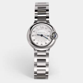 Pre Owned Cartier Silver Stainless Steel Diamond Ballon Bleu 3009 Women's Wristwatch 28 mm