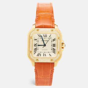 Pre Owned Cartier Silver 18k Yellow Gold Alligator Santos WJSA0008 Women's Wristwatch 35 mm