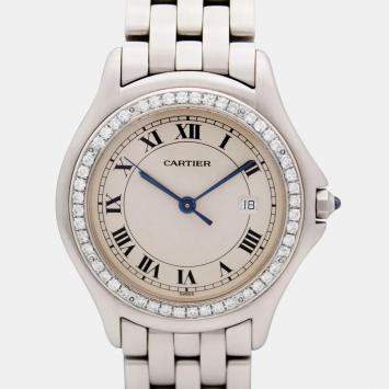 Cartier Cougar Panthere 987904C 32mm Steel Custom Diamond Bezel Ivory Dial Wristwatch