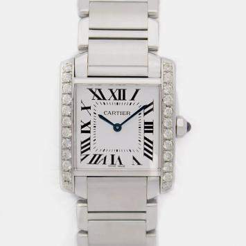 Cartier Tank Francaise 2301 25mm Custom Diamond Bezel White Roman Steel Band Wristwatch