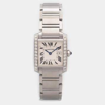 Cartier Tank Francaise 2465 25mm Custom Diamond Bezel Off White Dial Steel Wristwatch