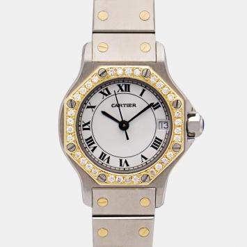 Cartier Santos Octagon 187903 25mm Custom Diamond Bezel White Dial Wristwatch