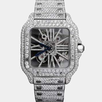 Cartier Customised Blue 32.00CT Diamond Stainless Steel Santos de Cartier 9611 Manual Winding Men's Wristwatch 39.8MM
