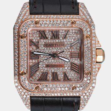 Cartier Customised Brown 12.00CT Diamond 18K Rose Gold Santos 100 2879 Automatic Women's Wristwatch 33mm