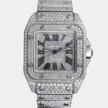 Cartier Customised Silver 29.00CT Diamond Stainless Steel Santos 100 W20073X8 Automatic Men's Wristwatch 41 MM