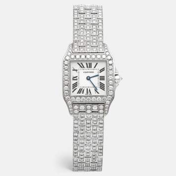 Pre Owned Cartier Silver 18k White Gold Diamond Santos Demoiselle WF9010YA Women's Wristwatch 26 mm
